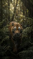 Majestic tiger prowling through dense tropical jungle with ferns and dappled sunlight filtering through canopy creating dramatic wildlife scene for conservation campaigns.