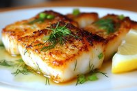 Pan-seared white fish fillet with crispy golden crust, fresh dill garnish and lemon wedges served on white plate, close up view of gourmet seafood dish.