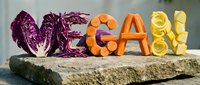 Word VEGAN spelled with colorful vegetables on a stone surface, featuring red cabbage, carrots, and yellow peppers for healthy lifestyle concepts.