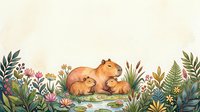 Capybara family resting among colorful wildflowers and lush green foliage in natural habitat setting for wildlife and nature designs.