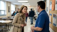 Middle-aged Caucasian woman in beige trench coat having professional conversation with Hispanic male colleague in blue shirt in busy office environment.