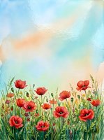 Watercolor painting of red poppies in meadow with soft pastel sky background for spring botanical artwork and floral decoration projects.