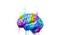 Colorful watercolor brain with rainbow gradient dripping paint effect on white background for creative design projects and mental health concepts.