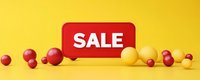 Red sale banner with red and yellow spheres on bright yellow background. Minimalist retail marketing composition for promotional design and advertising.