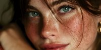 Young Caucasian woman with freckles and striking green eyes in natural light portrait for beauty and skincare campaigns.