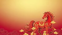 Red ornate horse with golden decorative patterns on gradient background with traditional cloud motifs for lunar new year celebrations and festive designs.
