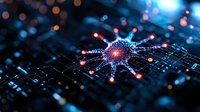 Glowing digital neural network node with radiating connections on circuit board background, illuminated by blue and orange lights in dark technological environment.