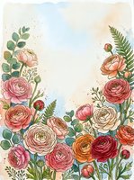 Watercolor ranunculus flowers frame with soft pastel colors and green foliage on textured paper background for wedding invitations and spring designs.