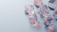 Sparkling crystal diamonds with pink and blue reflections scattered on white background for luxury jewelry and gemstone design projects.
