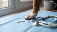Dog paw resting on medical examination table with stethoscope and pills, veterinary healthcare concept for pet wellness and treatment.