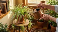 Senior woman watering spider plant with copper watering can in sunny home interior with multiple houseplants on wooden table near window.