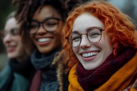 Close up portrait of diverse young women laughing together outdoors, wearing cozy winter scarves and glasses, expressing genuine joy and friendship.