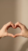 Hands forming heart shape gesture on neutral beige background expressing love care and compassion for wellness campaigns and emotional connection concepts.