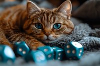 Orange tabby kitten with bright blue eyes lying on soft blanket next to turquoise dice for gaming and entertainment concepts.