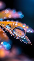 Macro photography of water drops on plant leaf with colorful bokeh background in orange and blue tones, showing reflection and refraction effects in nature.