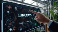 Businessman touching futuristic digital interface with congratulatory message on transparent screen in modern office environment.