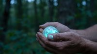 Hands gently holding glowing magical orb with ethereal light in mystical forest setting for fantasy and spiritual concepts.