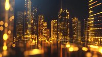 Modern city skyline at night with golden illuminated skyscrapers reflecting on water surface, creating luxurious urban landscape for business and finance concepts.