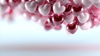 Pink and red glossy heart shapes floating against white background, romantic love concept with soft focus and reflection for Valentine's Day designs and celebrations.