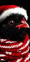 Black crow wearing Santa hat and red-white striped winter scarf against dark background. Close-up portrait showing detailed feathers and bright red eye. Festive holiday season wildlife art.
