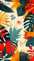 Vibrant tropical leaves pattern in orange, teal and red on cream background featuring monstera, palm fronds and abstract botanical elements. Seamless repeat design.