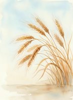 Golden wheat stalks swaying in gentle breeze with soft watercolor texture against pale sky background for harvest season agricultural designs.