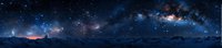Panoramic night sky with vibrant Milky Way galaxy stretching across mountain silhouettes, featuring glowing nebulas and starry cosmos in deep blue tones.