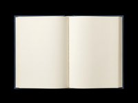 Open hardcover book with blank cream pages and navy blue cover, isolated on transparent background. Ready for stickers, clipart, and print on demand design use.