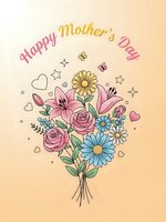 Happy Mother's Day greeting card with colorful flower bouquet featuring roses, daisies, lilies and decorative elements on warm peach background.