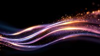 Glowing purple and orange light waves with sparkling particles flow across dark background creating magical energy effect. Suitable for abstract designs.