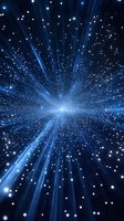 Glowing blue light rays burst through starry space creating dynamic motion effect with bright particles and beams radiating from central point against dark background.