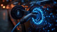 Electric vehicle charging plug with glowing blue energy effect and bokeh lights in background, showcasing modern clean transportation technology and sustainability.