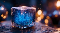 Glowing blue liquid in transparent glass cube against blurred bokeh background creates magical atmosphere with water droplets and light effects.