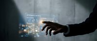 Businessman touching futuristic holographic governance metrics dashboard, digital data analytics interface glowing in dark corporate environment.