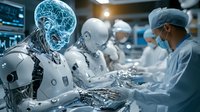 Medical professionals working alongside advanced robotic assistants in modern surgical environment with holographic displays and high-tech equipment for precise operations.