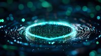 Glowing turquoise digital ring with binary code particles and light effects on dark background. Abstract technology concept with bokeh and dynamic motion.