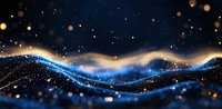 Magical glowing wave with golden and blue sparkles on dark background creates ethereal atmosphere. Abstract light effect for festive designs.