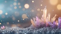 Magical crystal formation with purple and clear quartz clusters emerging from sparkling surface against dreamy bokeh background with glowing light particles.