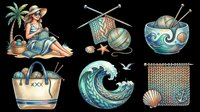 Watercolor beach knitting clipart set with woman, yarn bowl, tote bag, ocean wave, knit swatch, and shells, isolated on transparent background for stickers, sublimation, and t-shirt design.
