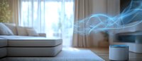 Blue smoke rising from smart speaker device in modern living room interior with sofa and natural daylight through window, creating atmospheric ambiance.