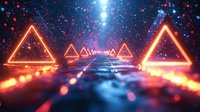 Futuristic neon triangles line a reflective path leading to bright light, with glowing red and blue particles creating atmospheric sci-fi landscape.