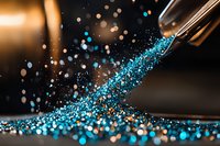 Vibrant turquoise glitter particles scattered in motion against dark background with golden bokeh lights, creating magical sparkle effect for festive designs.