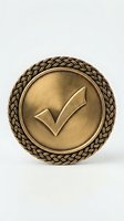 Bronze medal with checkmark symbol and braided border isolated on white background for achievement recognition and award ceremonies.