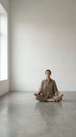 Young woman practicing meditation in minimalist room with natural light for mindfulness and wellness lifestyle.