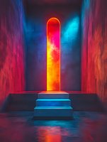 Mysterious glowing portal with orange and red light behind arched doorway, illuminated steps in blue neon, dark moody atmosphere with dramatic lighting effects.