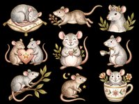 Cute mice collection with various poses, holding hearts, sitting in teacups, and surrounded by botanical elements, isolated on transparent background. Ready for t-shirt designs, stickers, clipart, sublimation, and print-on-demand products.