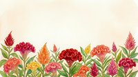 Watercolor celosia flowers border in vibrant red, orange, pink and yellow tones on a warm beige background, perfect for cards and banners.