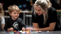 Young Caucasian mother with blonde hair and black shirt playing with happy preschool boy in dark shirt, sharing joyful moment with colorful toys on table, authentic family lifestyle.