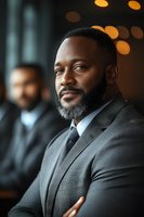Confident African American businessman in gray suit with arms crossed in modern office with warm bokeh lighting background for corporate presentations.