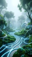 Mystical forest landscape with glowing blue energy streams flowing through lush green trees and moss-covered terrain in ethereal misty atmosphere.